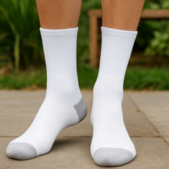 ZIBELL Men's Cushioned Cotton Crew Socks, White with Grey Heel, Pack of 6, Size 9-12