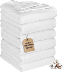 Premium Hand Towels Set of 6 Large - Luxurious Design with Exceptional Durability - Absorbent Shower Towels for Home & Spa - 16 x 24 Inch Size - 100% Pure Cotton - White