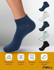 ZIBELL Men's Cotton Ankle Length Formal Dress Socks, Solid Colour, Pack of 5