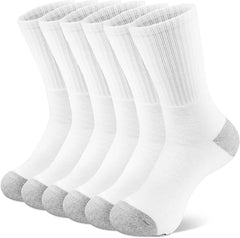 ZIBELL Men's Cushioned Cotton Crew Socks, White with Grey Heel, Pack of 6, Size 9-12