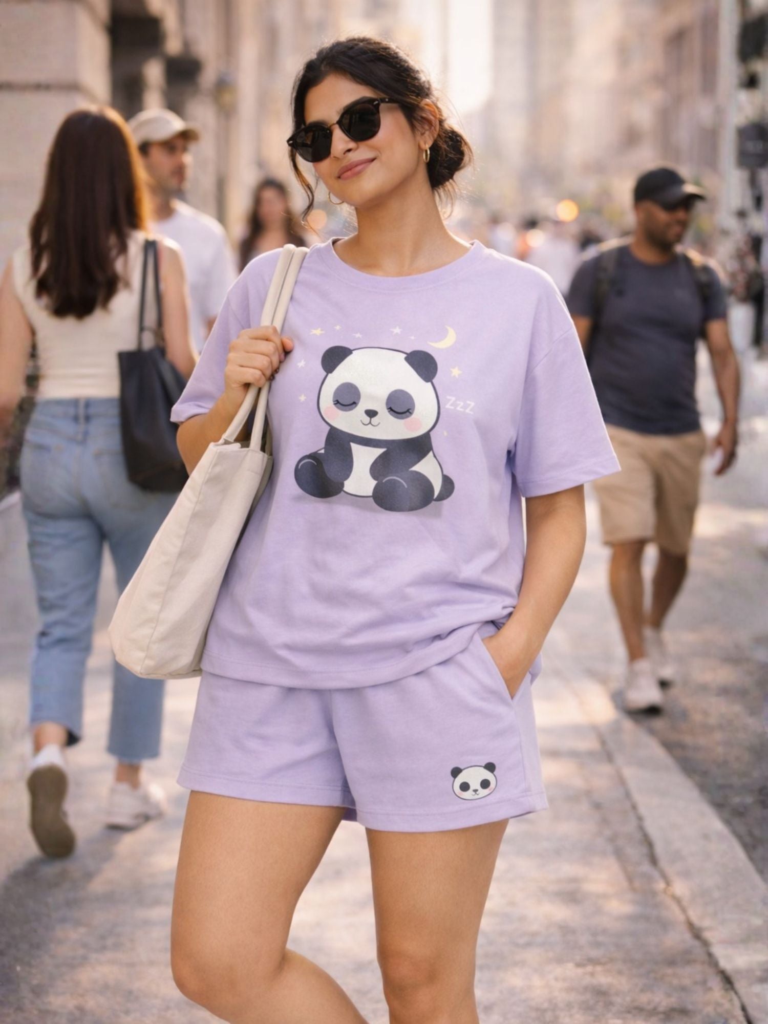 Women Cotton Night Suit, Lavender Printed T-Shirt & Shorts Pajama Set, Soft Comfortable Summer Nightwear