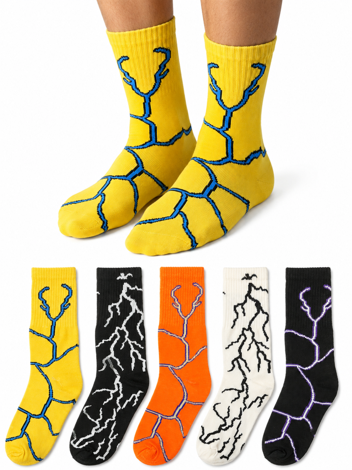 Men’s 6 Pack Cotton Crew Socks with Lightning Pattern – Breathable Casual Fashion Socks for Summer