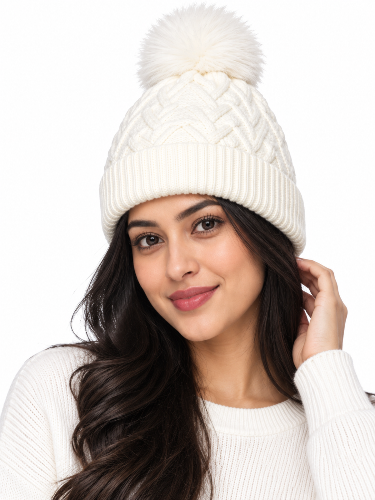 Women’s White Winter Beanie Cap – Warm Acrylic Wool Knit Hat with Pom Pom