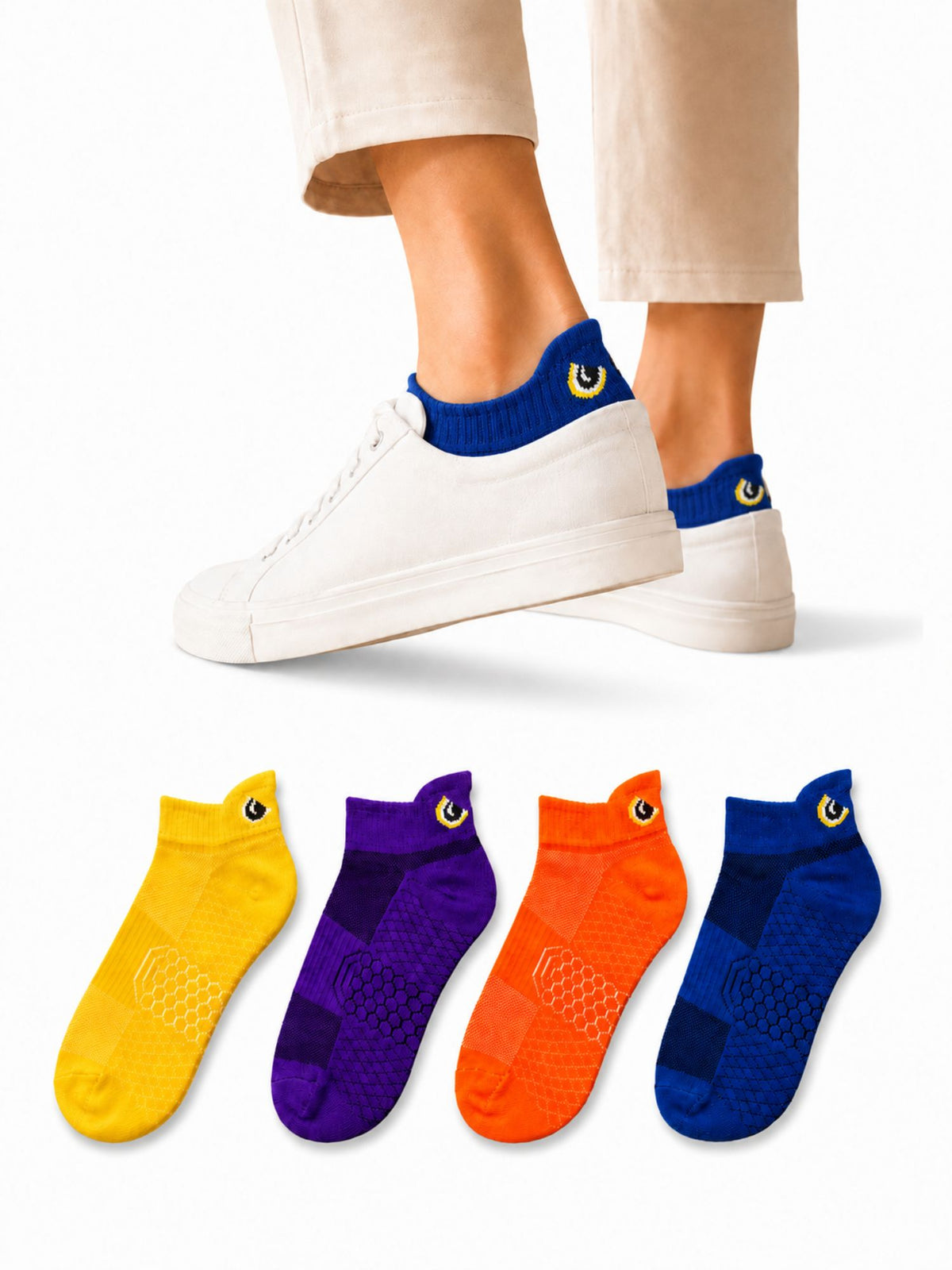 ZIBELL Hawk Eye Performance Ankle Socks for Men & Women – Pack of 4 | Breathable Athletic Sports Socks | Cushioned Cotton Blend | Anti-Slip Gym & Running Socks