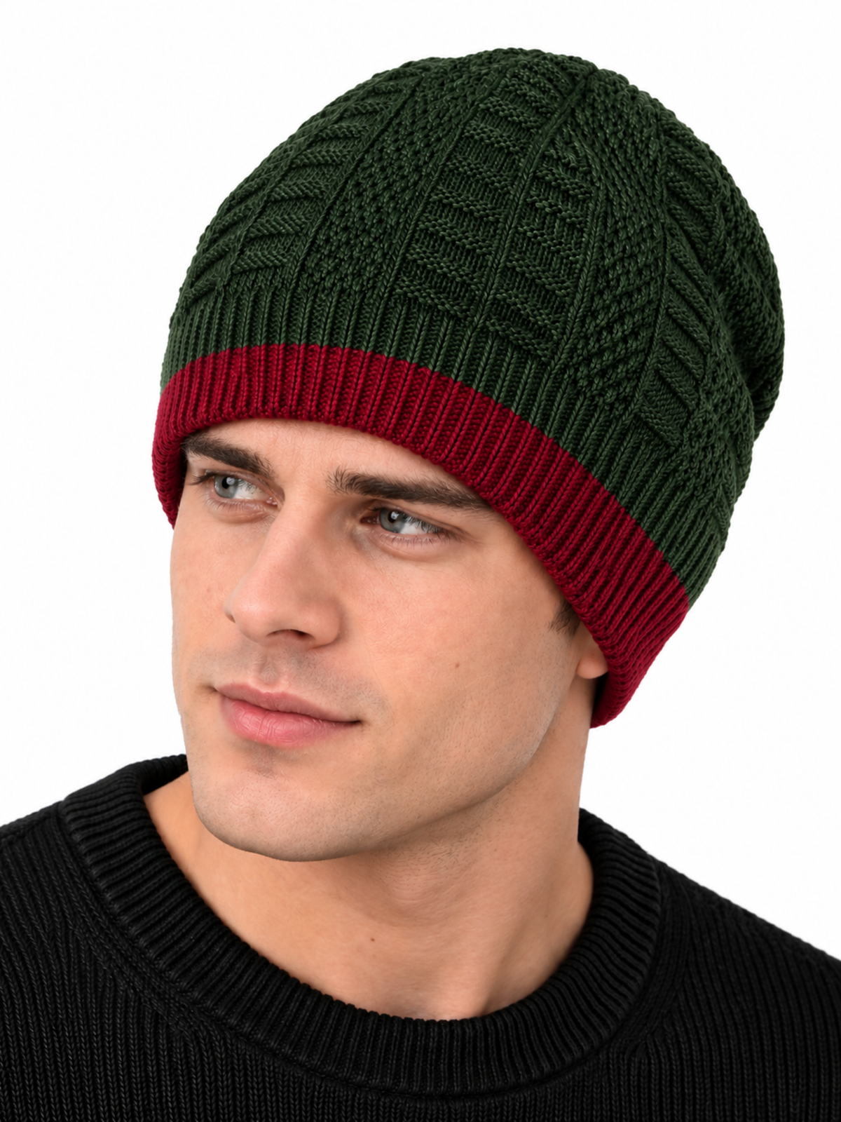Men’s Dark Green & Red Winter Beanie Cap – Warm Acrylic Wool Knitted Hat