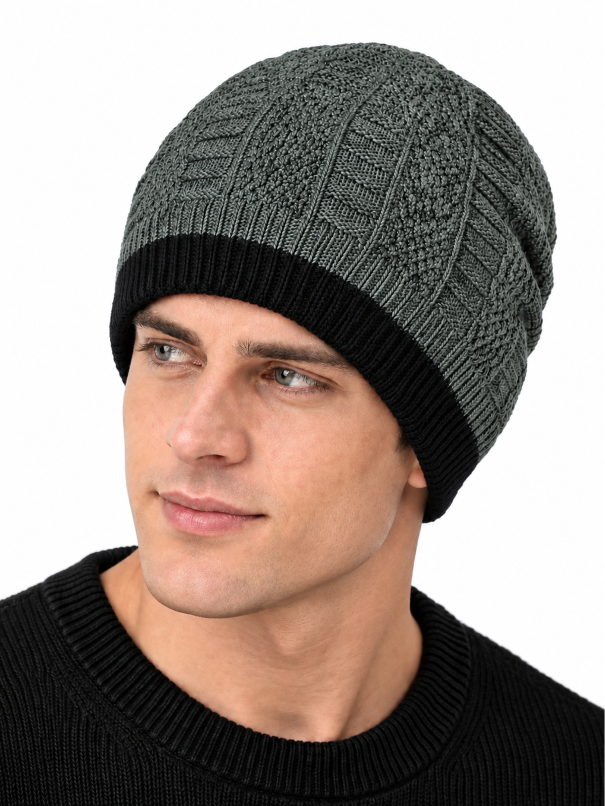 Men’s Charcoal Grey Winter Beanie with Black Cuff – Knitted Acrylic Wool Cap