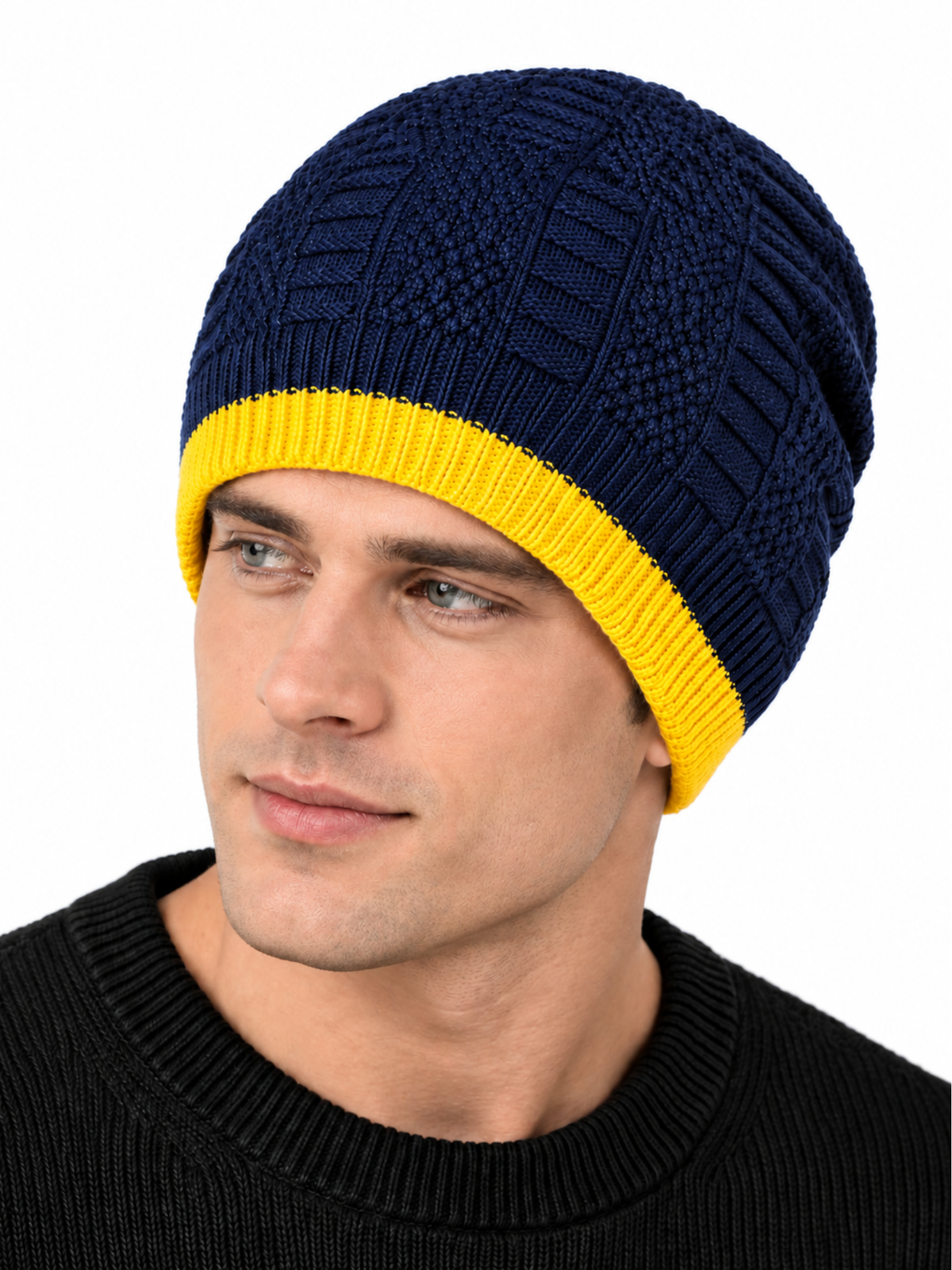 Men’s Navy Blue & Yellow Winter Beanie Cap – Warm Acrylic Wool Knitted Hat