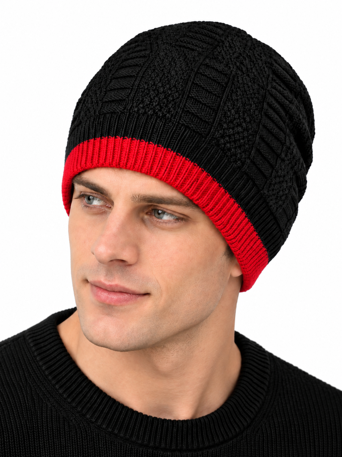 Men’s Black & Red Winter Beanie Cap – Warm Acrylic Wool Knitted Hat
