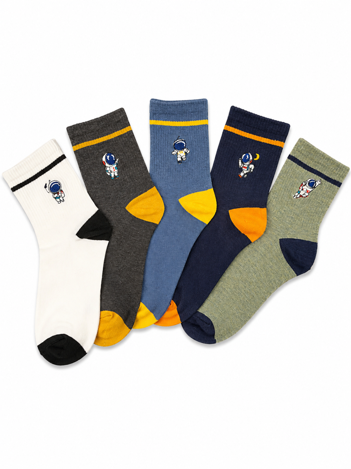 Men's Cotton Crew Length Socks – Pack of 5 | Astronaut Embroidered Socks | Comfortable Casual Socks for Men