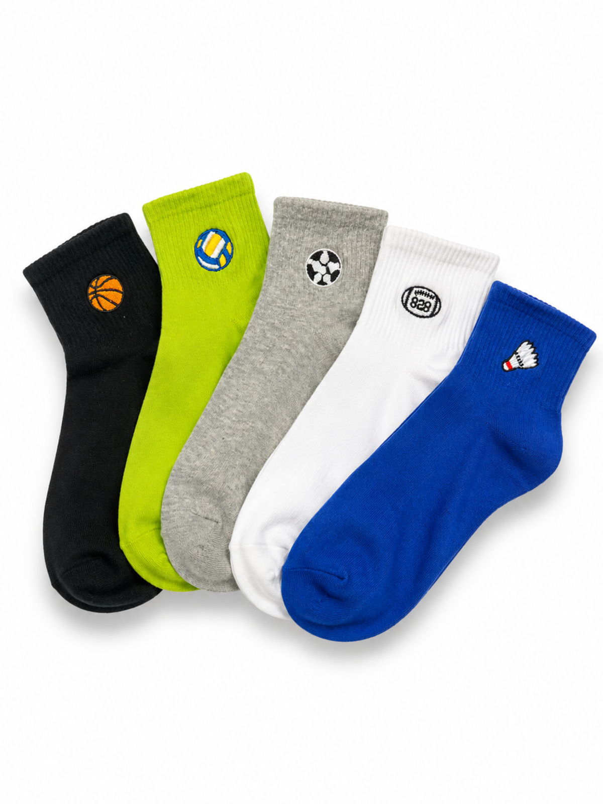 Cotton Ankle Length Socks – Pack of 5 for Men and Women | Sports Embroidered Socks | Basketball Football Tennis Badminton Designs | Comfortable Casual Socks