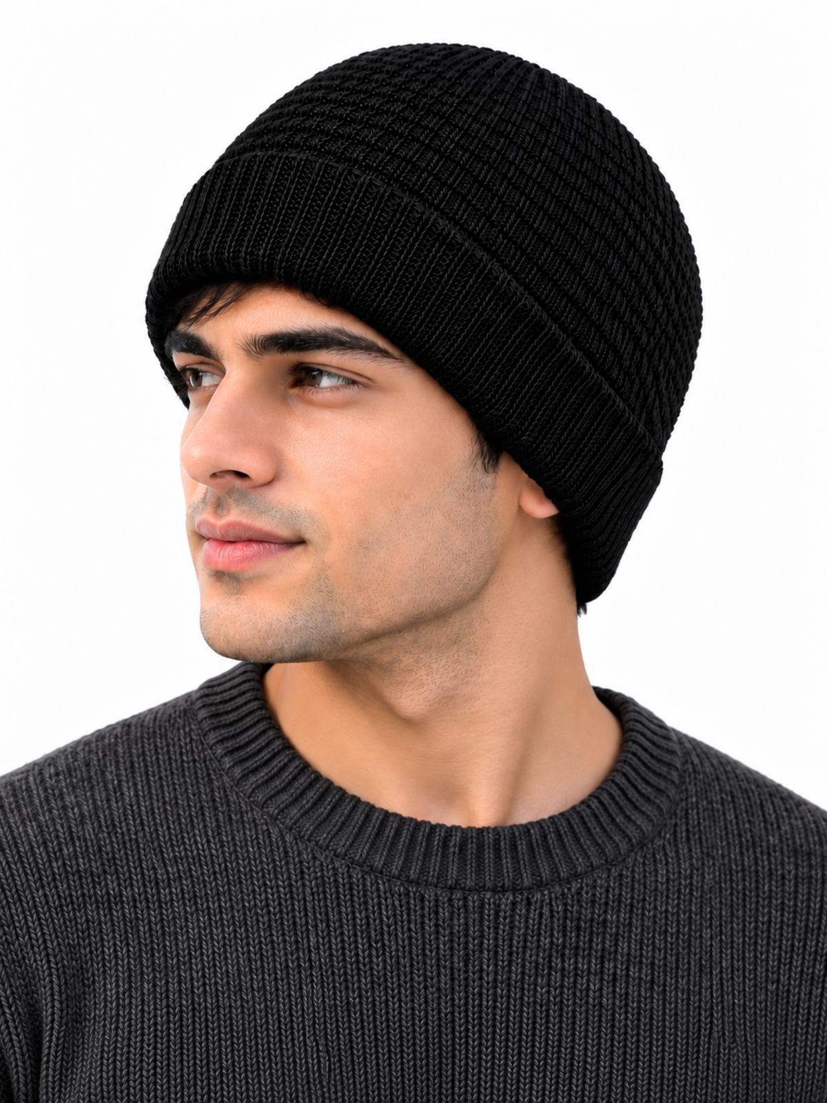 Men’s Black Winter Beanie Cap – Warm Acrylic Wool Knitted Hat