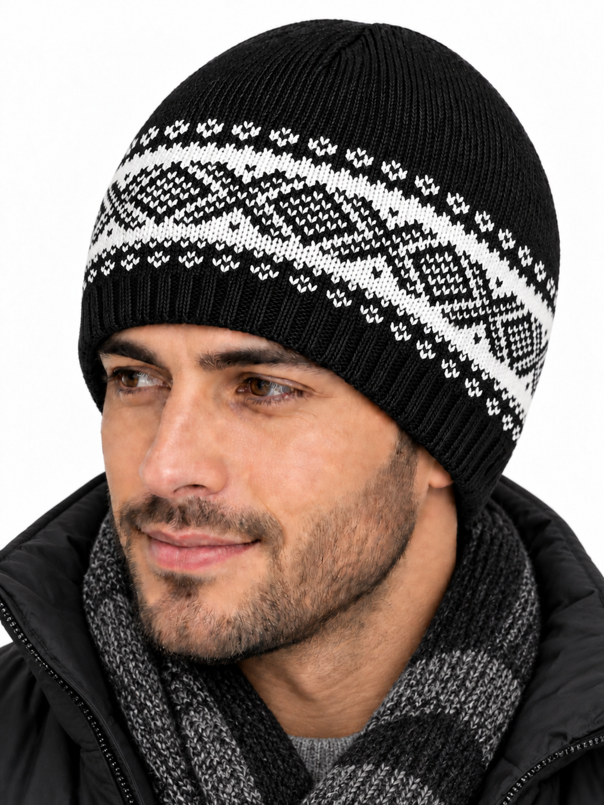 Men’s Black Winter Beanie Cap – Warm Knitted Hat with Geometric Pattern