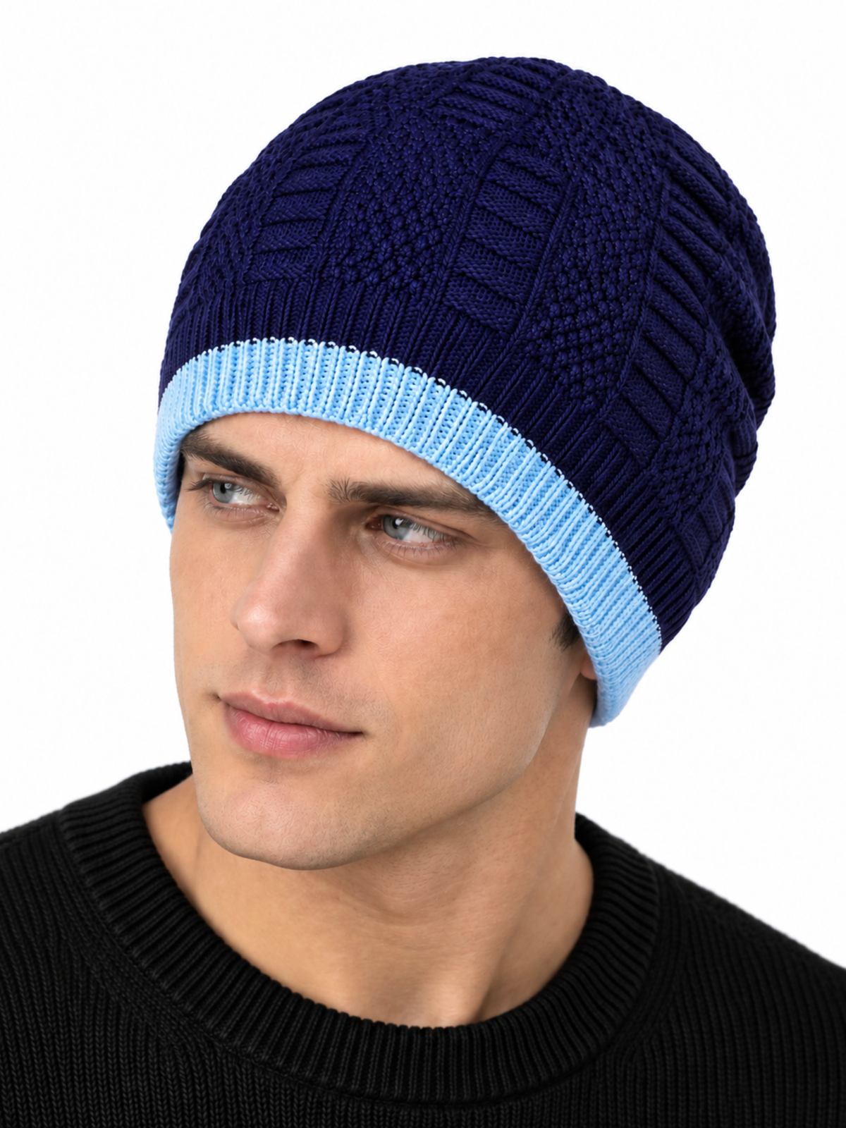 Men’s Navy Blue Winter Beanie Cap – Warm Acrylic Wool Knitted Hat