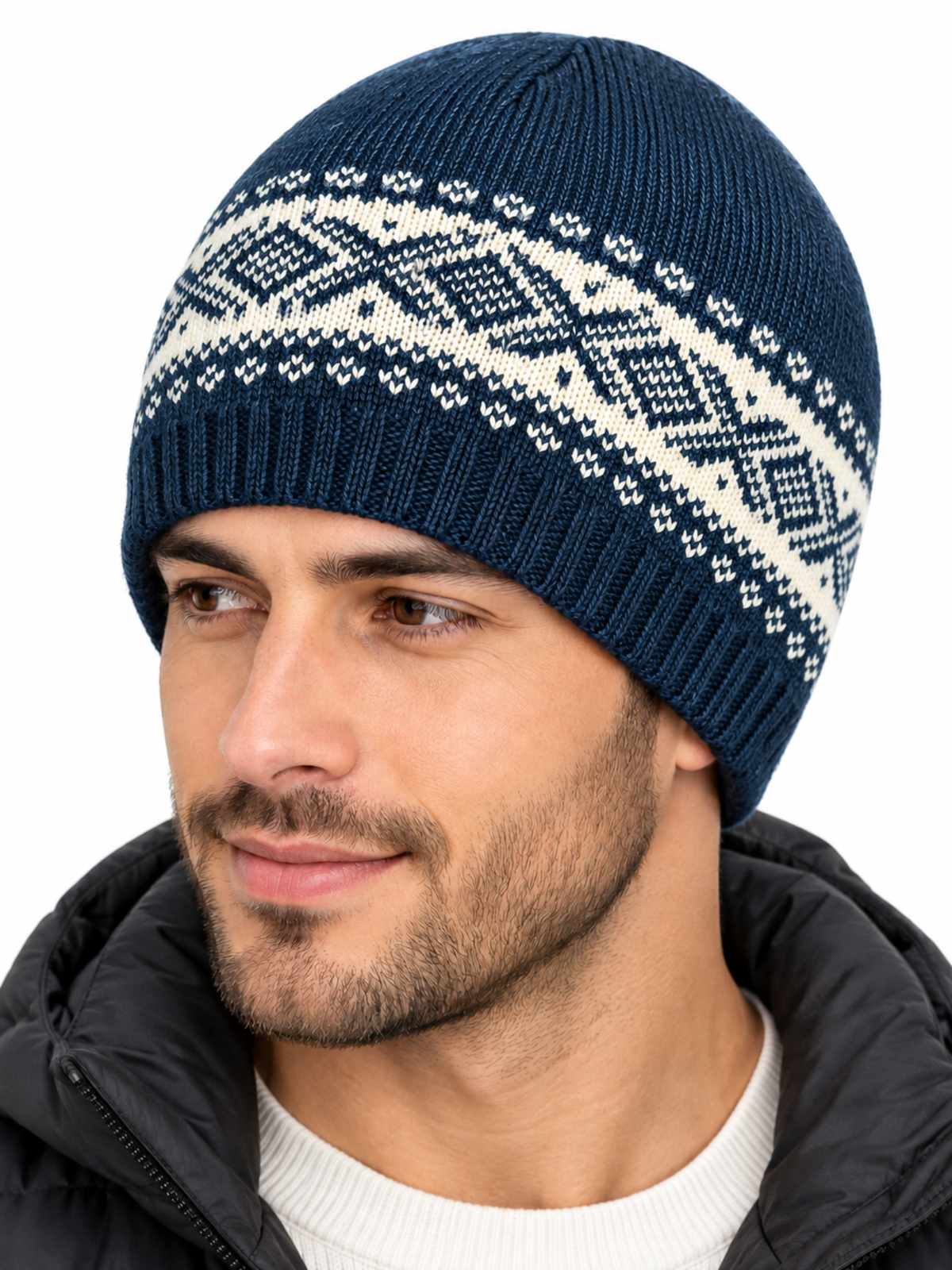 Men’s Navy Blue Winter Beanie Cap – Acrylic-Wool Knit with Nordic Pattern