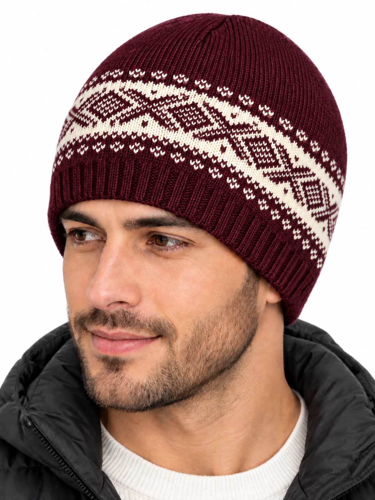 Men’s Burgundy Winter Beanie Cap – Acrylic-Wool Knit with Nordic Pattern