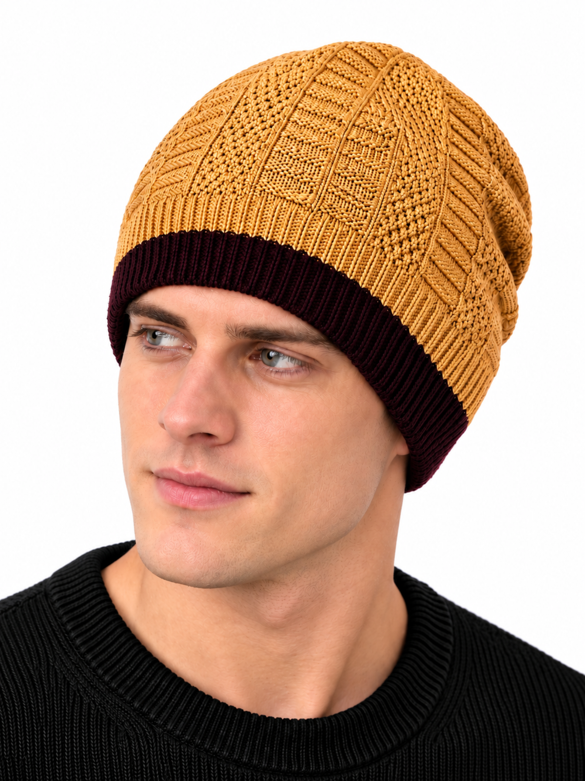 Men’s Mustard Yellow & Burgundy Winter Beanie Cap – Warm Acrylic Wool Hat