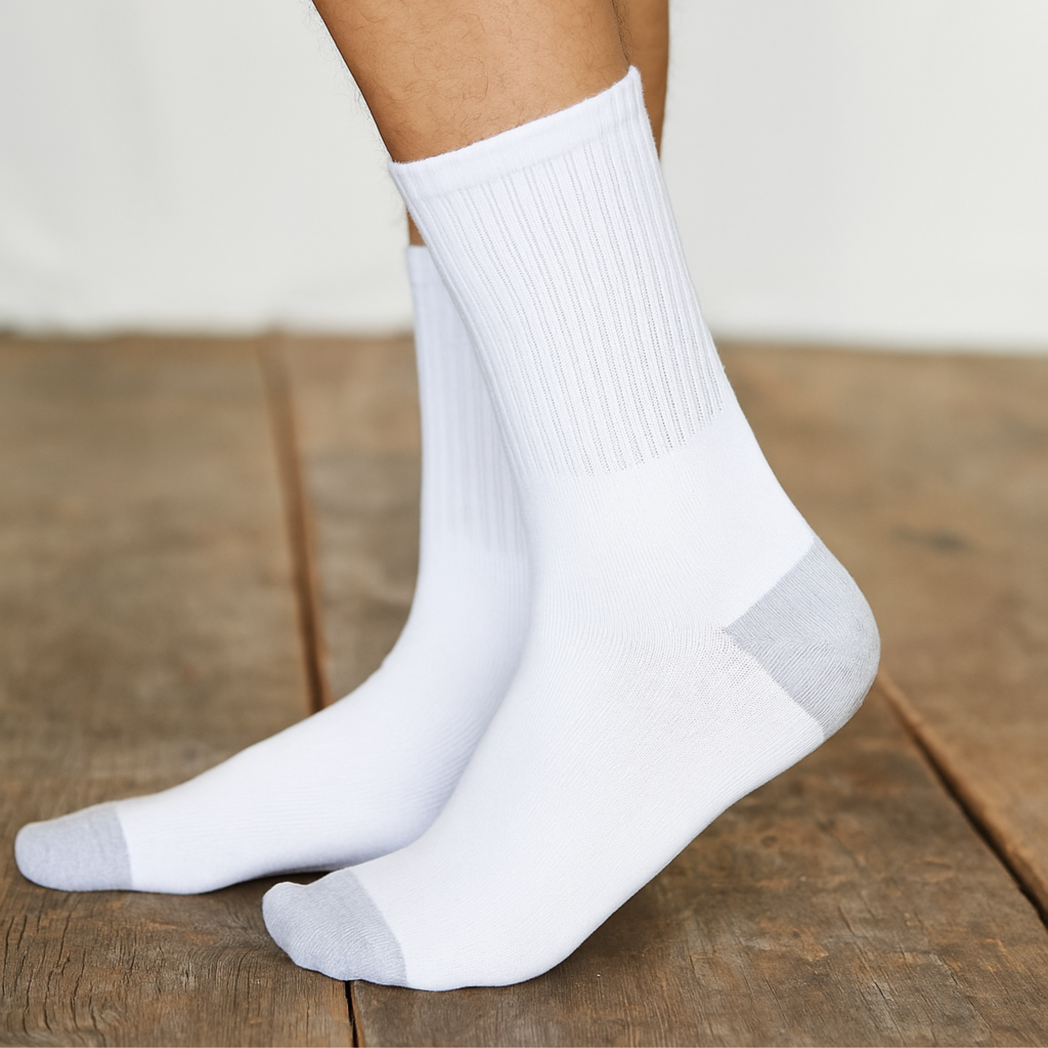 ZIBELL Men's Cushioned Cotton Crew Socks, White with Grey Heel, Pack of 6, Size 9-12