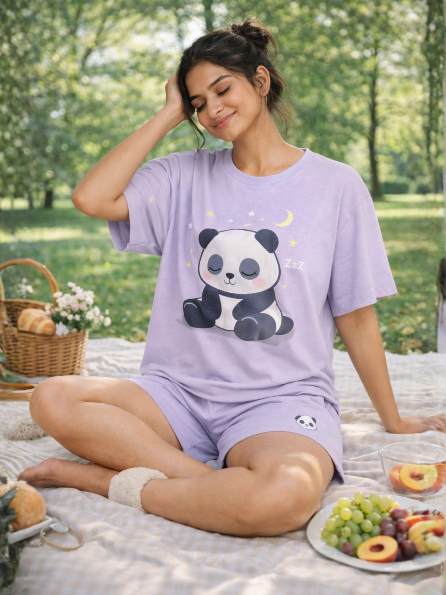 Women Cotton Night Suit, Lavender Printed T-Shirt & Shorts Pajama Set, Soft Comfortable Summer Nightwear
