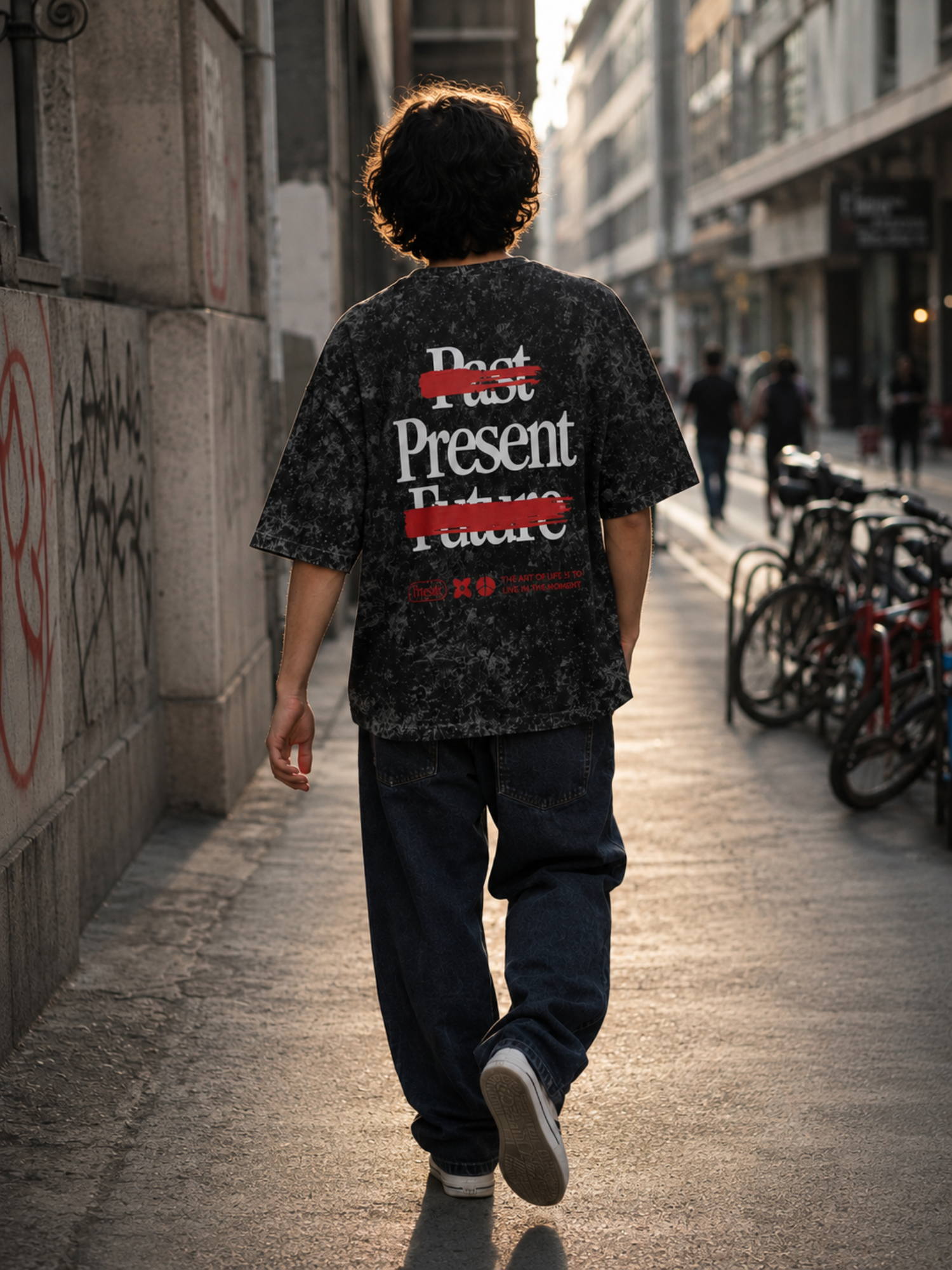 Men’s Oversized Acid Wash Graphic T-Shirt – Past Present Future Print