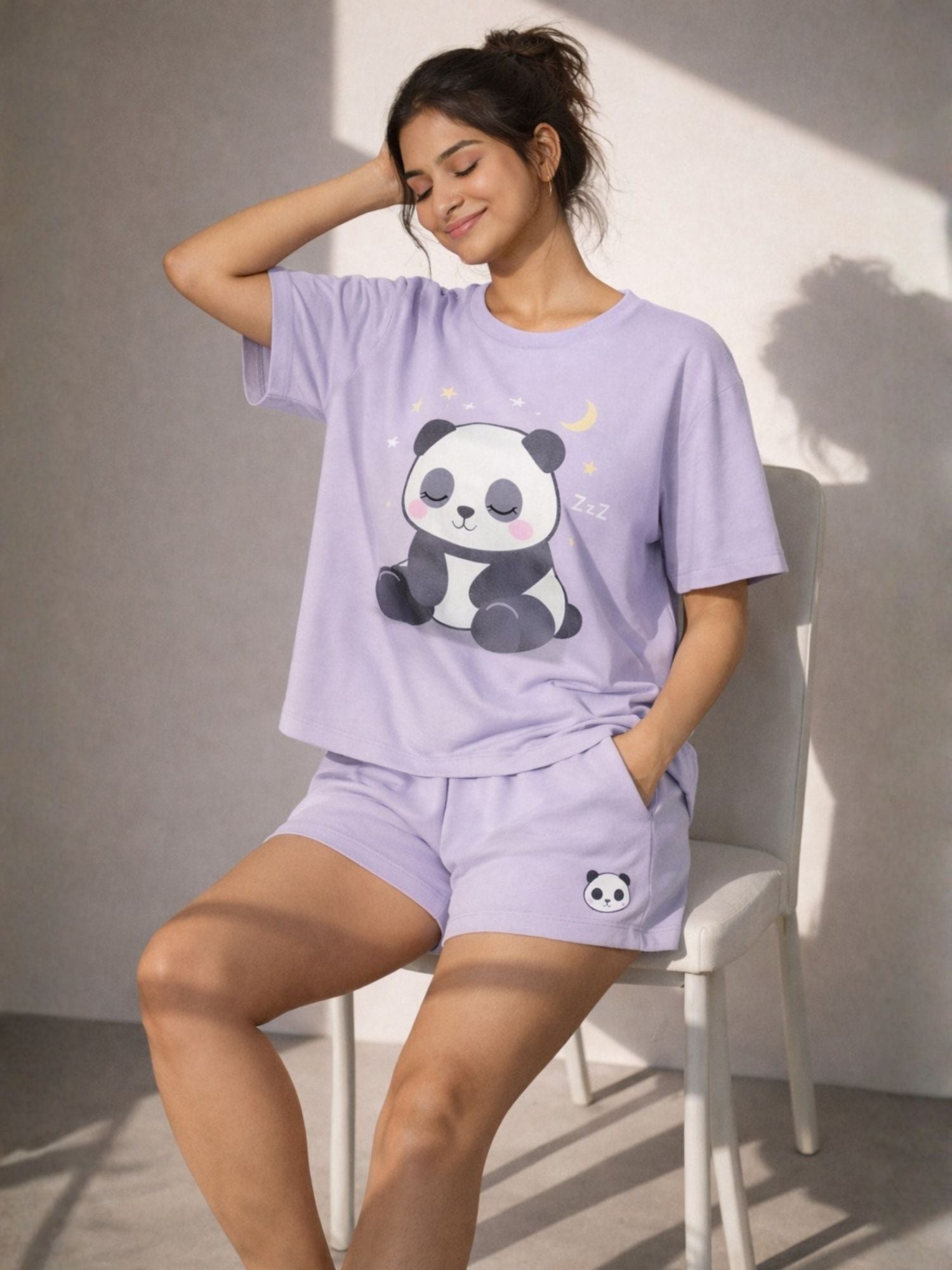 Women Cotton Night Suit, Lavender Printed T-Shirt & Shorts Pajama Set, Soft Comfortable Summer Nightwear