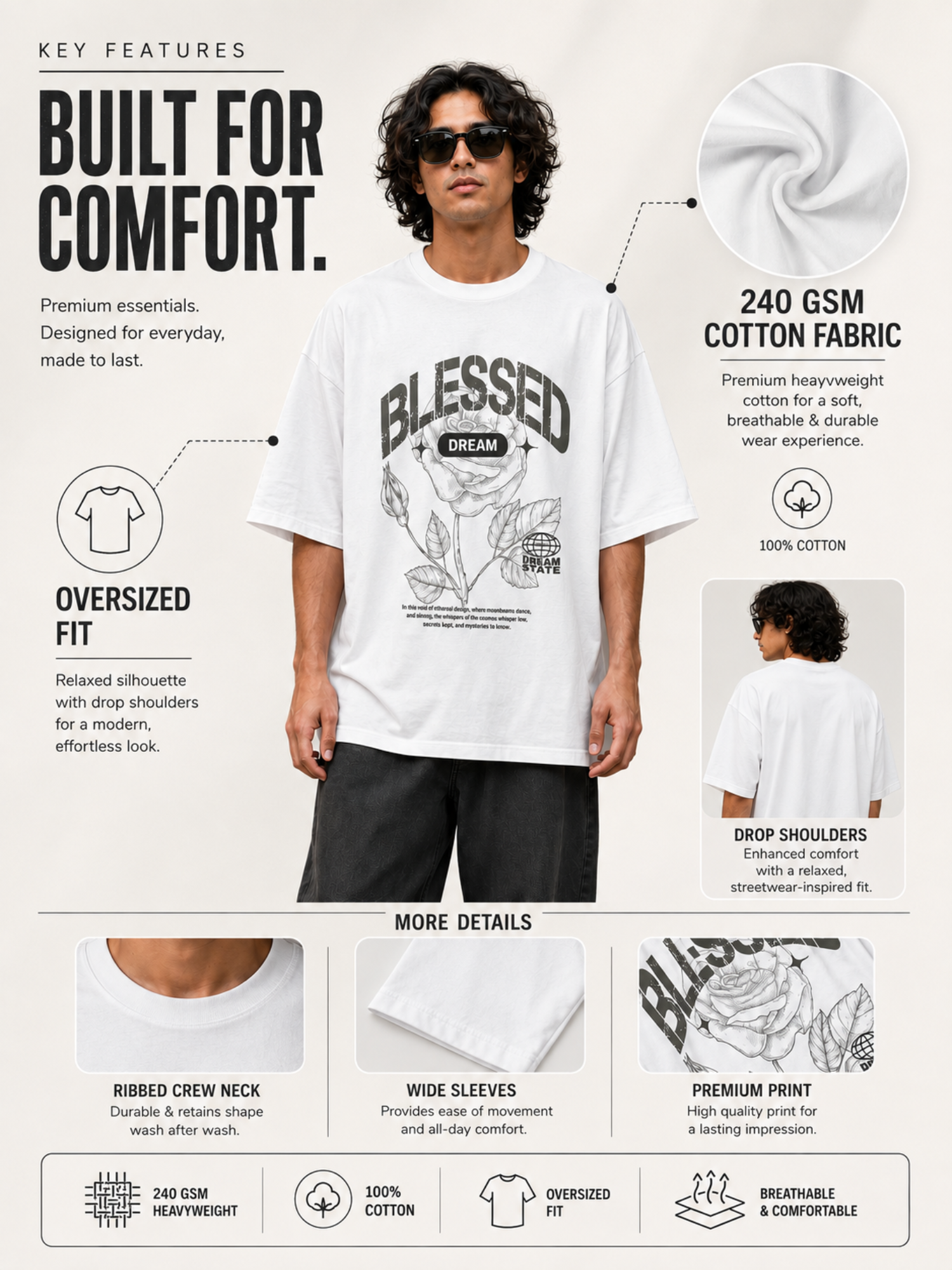 Men's White Oversized T-Shirt | 240 GSM 100% Cotton | Blessed Dream Graphic Print