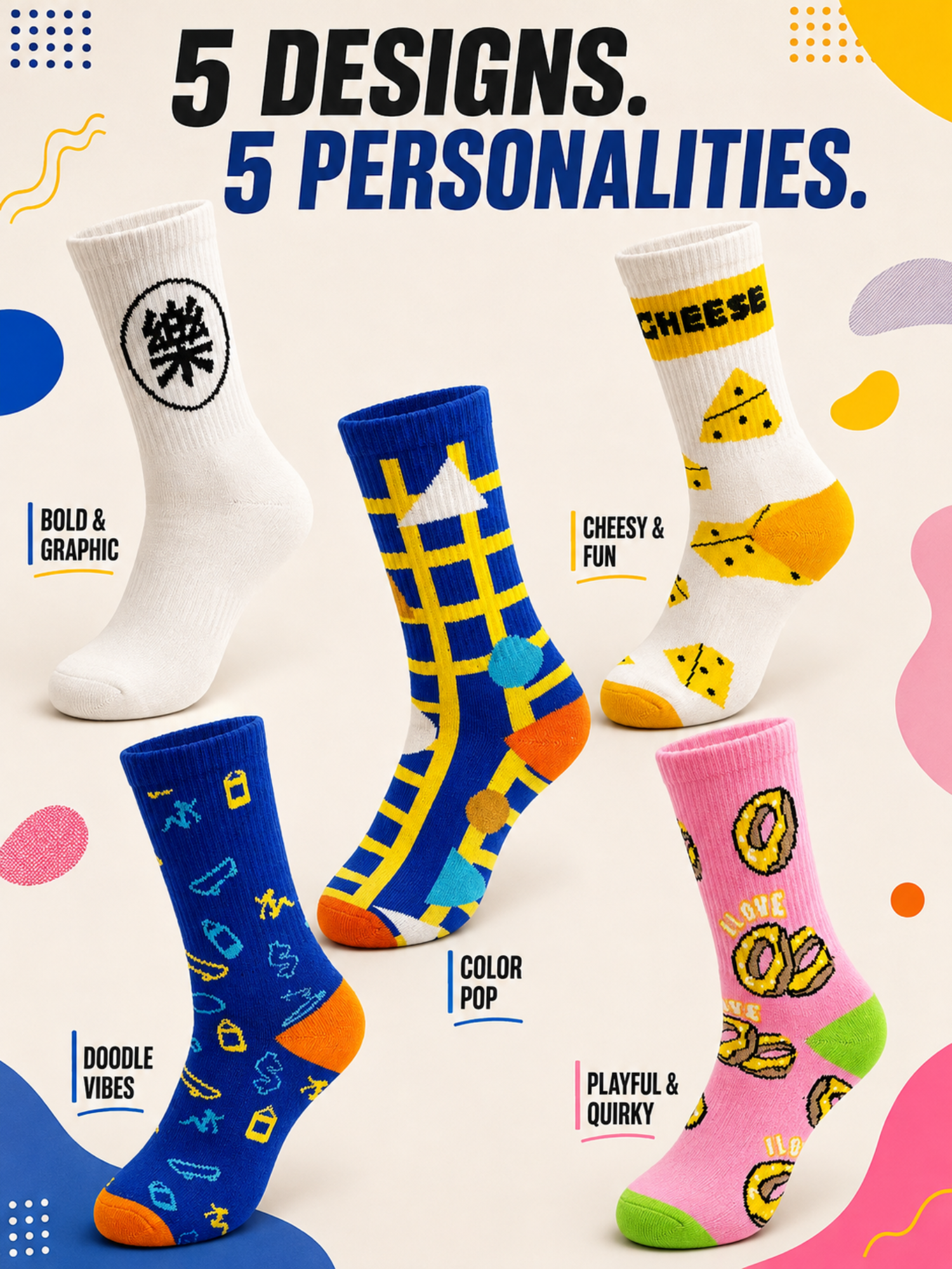 Novelty Funky Printed Crew Socks for Men & Women – Pack of 5 Fun Printed Designs