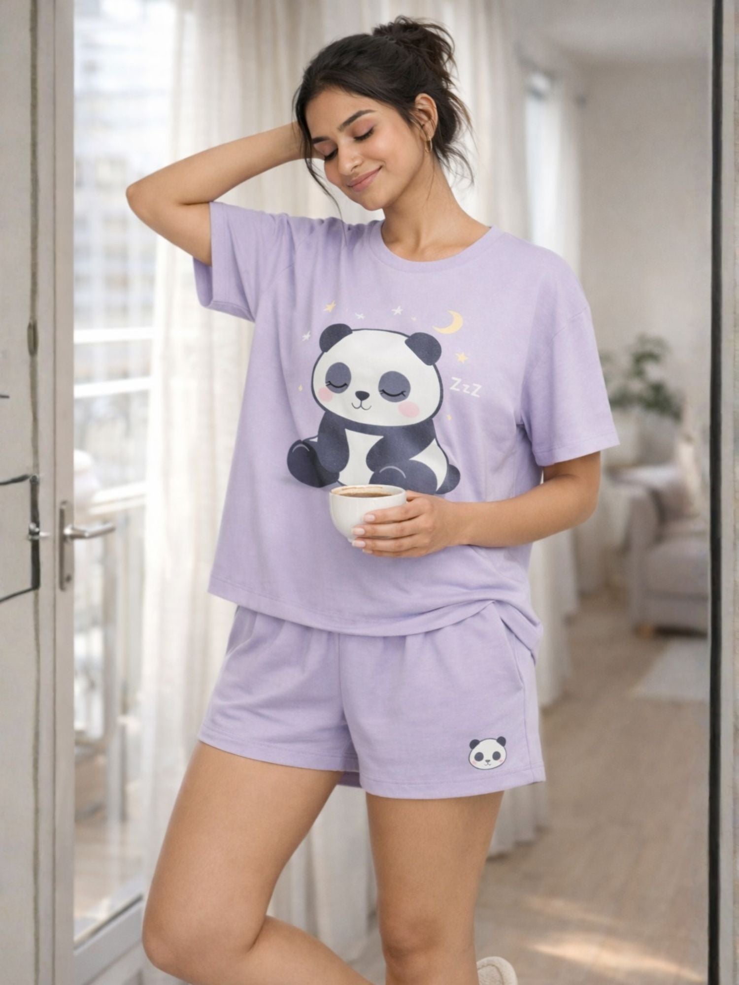 Women Cotton Night Suit, Lavender Printed T-Shirt & Shorts Pajama Set, Soft Comfortable Summer Nightwear