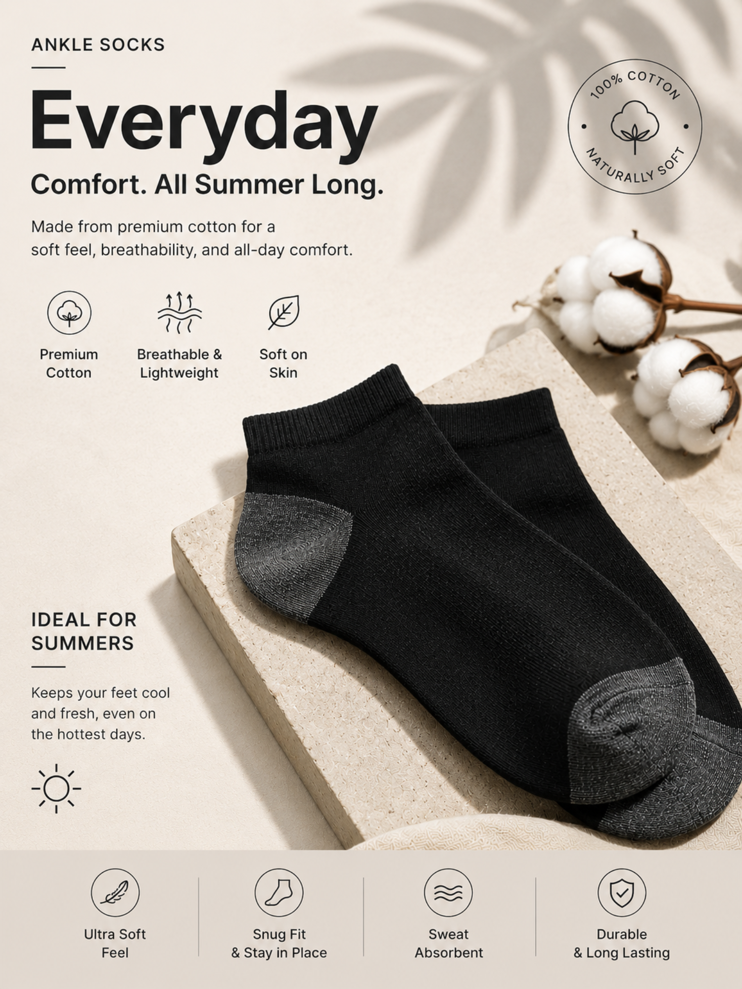 Men’s Black Ankle Socks Pack of 6 – Breathable Cotton Ankle Length Socks for Summer