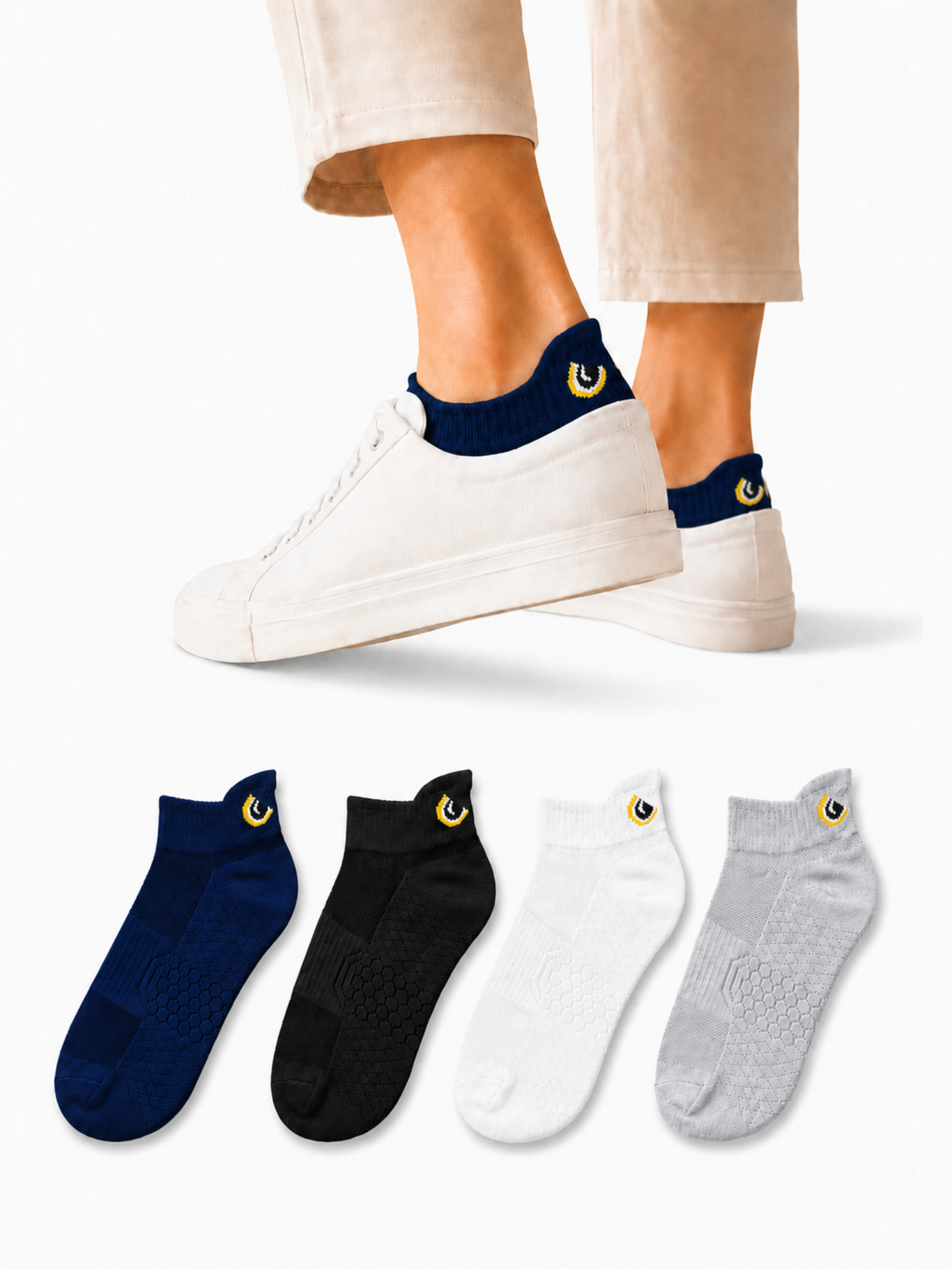 ZIBELL Hawk Eye Performance Ankle Socks for Men & Women – Pack of 4 | Breathable Athletic Sports Socks | Cushioned Cotton Blend | Anti-Slip Gym & Running Socks