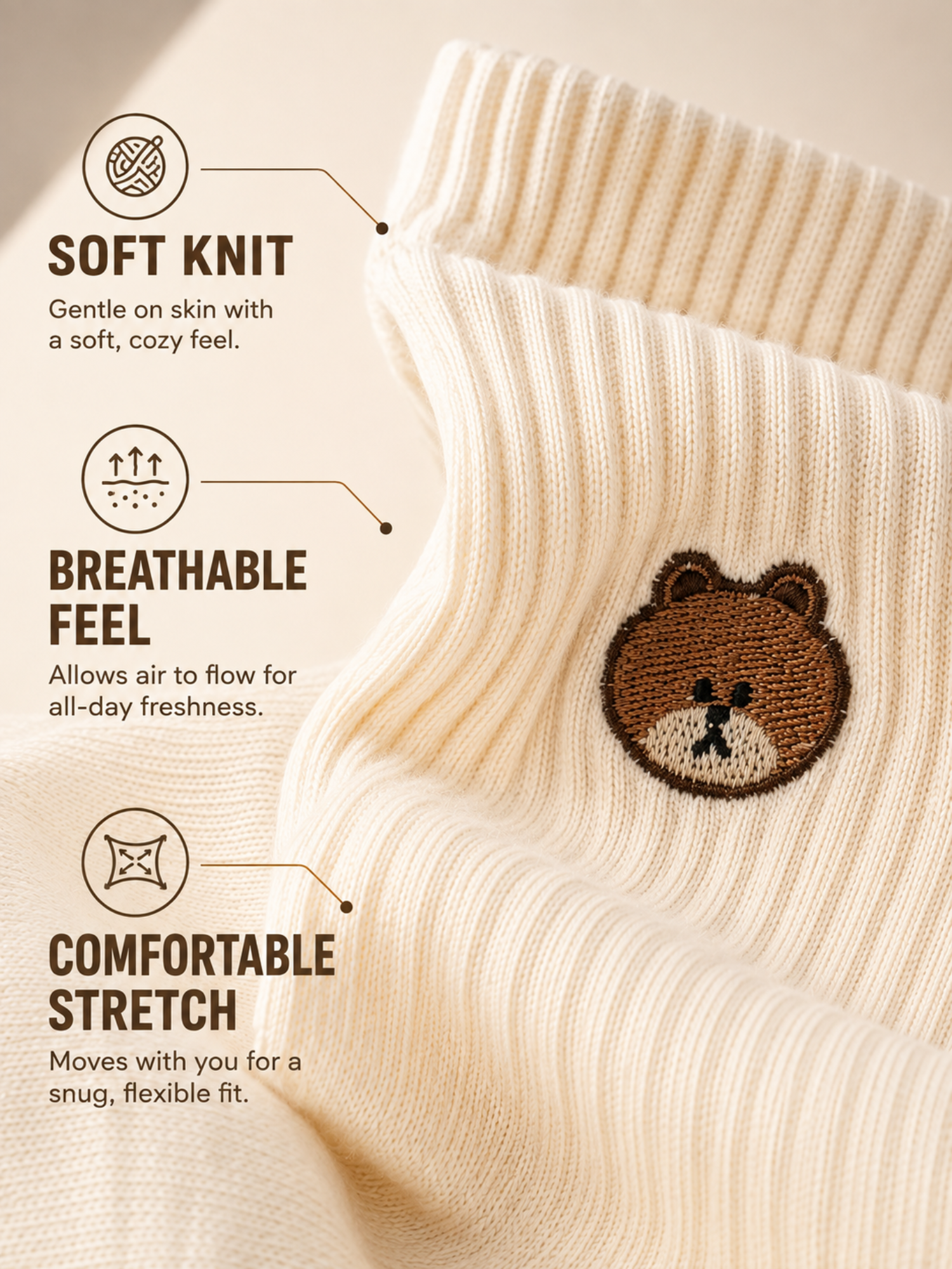 Women's Cotton Crew Length Socks – Pack of 5 | Cute Bear Embroidered Socks | Soft Comfortable Casual Socks for Women