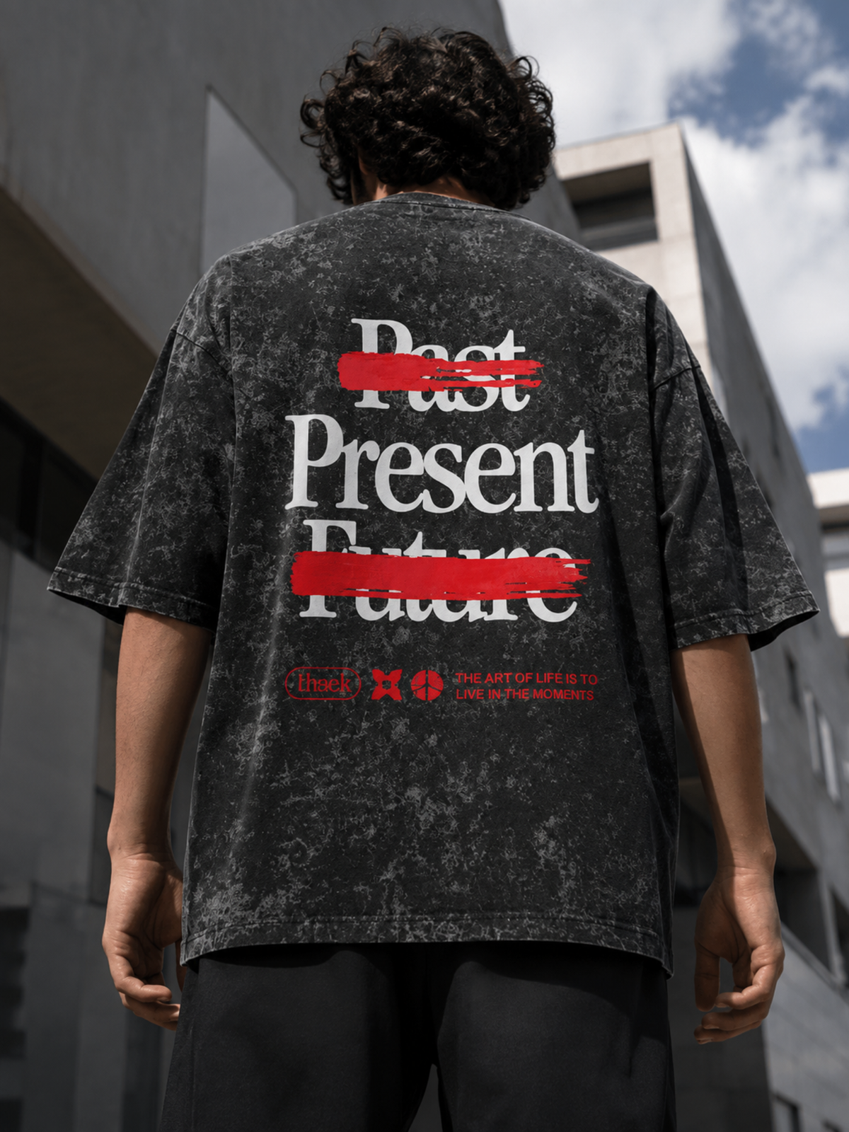 Men’s Oversized Acid Wash Graphic T-Shirt – Past Present Future Print