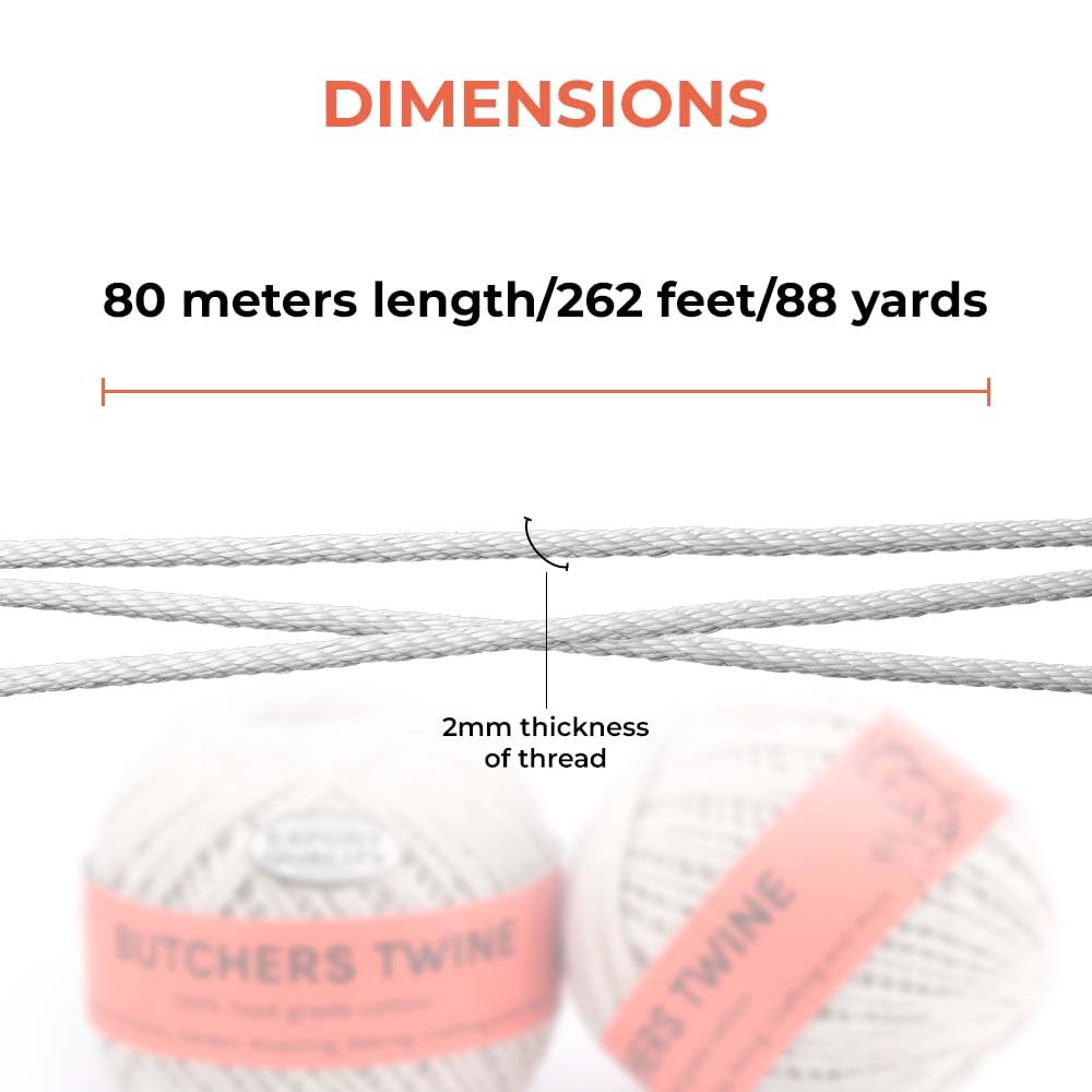Butchers Twine 12 Ply Cotton Kitchen Twine for Roasting, Bakers, Cooking - Food Safe String|Meat, Sausage, Poultry Trussing - 2MM Thread - 80m