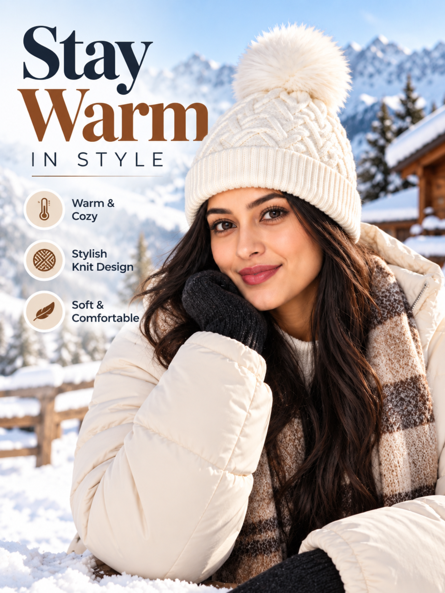 Women’s White Winter Beanie Cap – Warm Acrylic Wool Knit Hat with Pom Pom