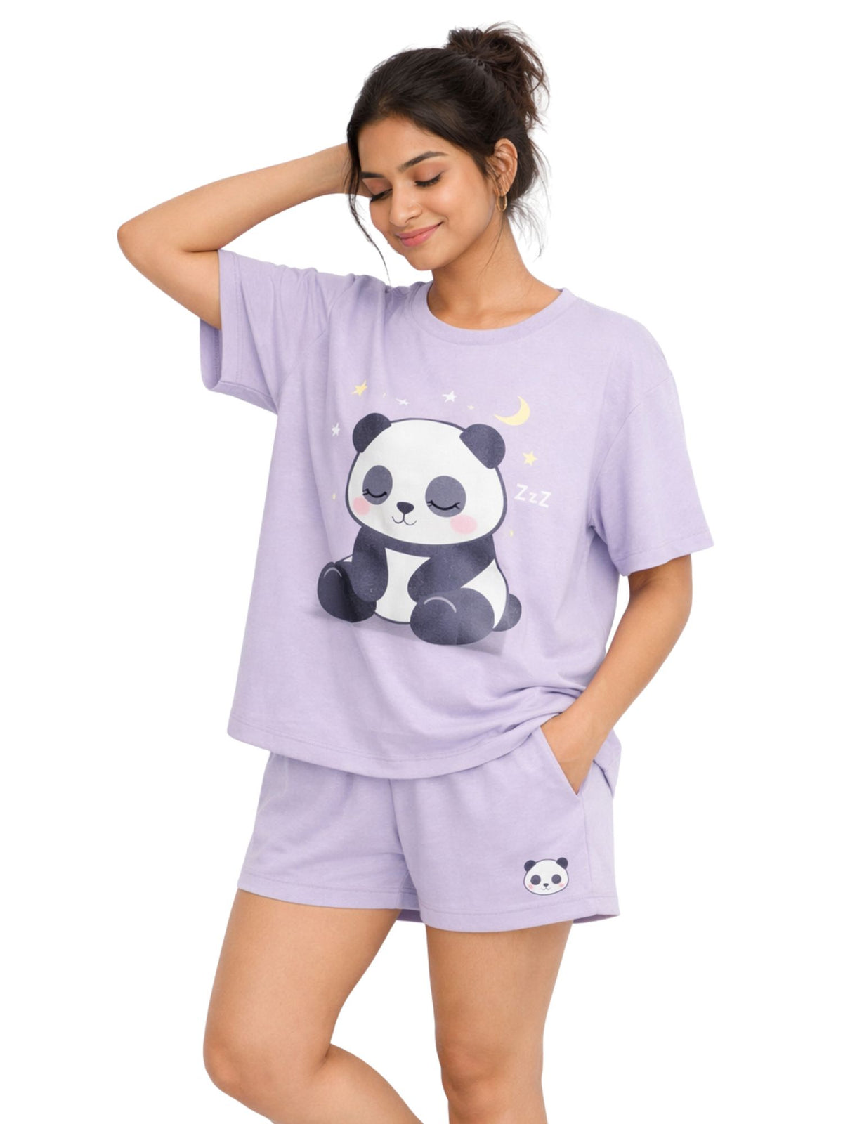 Women Cotton Night Suit, Lavender Printed T-Shirt & Shorts Pajama Set, Soft Comfortable Summer Nightwear