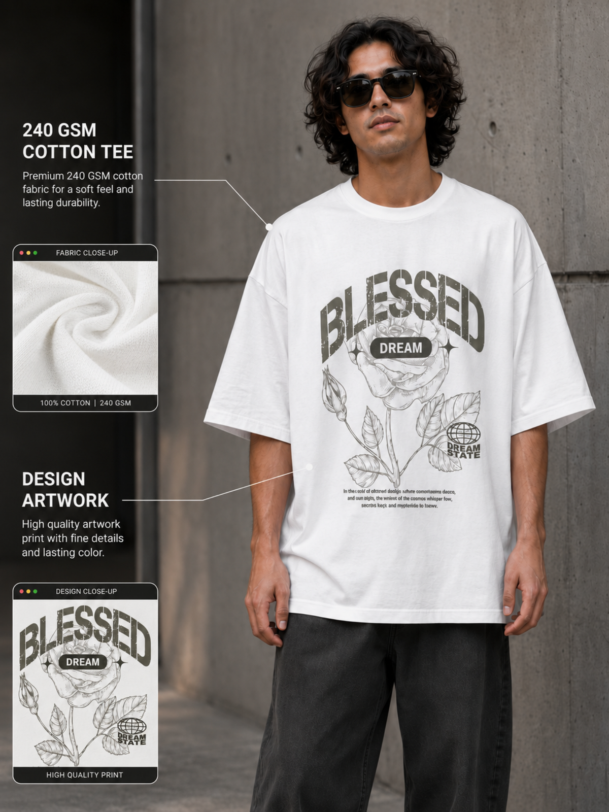 Men's White Oversized T-Shirt | 240 GSM 100% Cotton | Blessed Dream Graphic Print