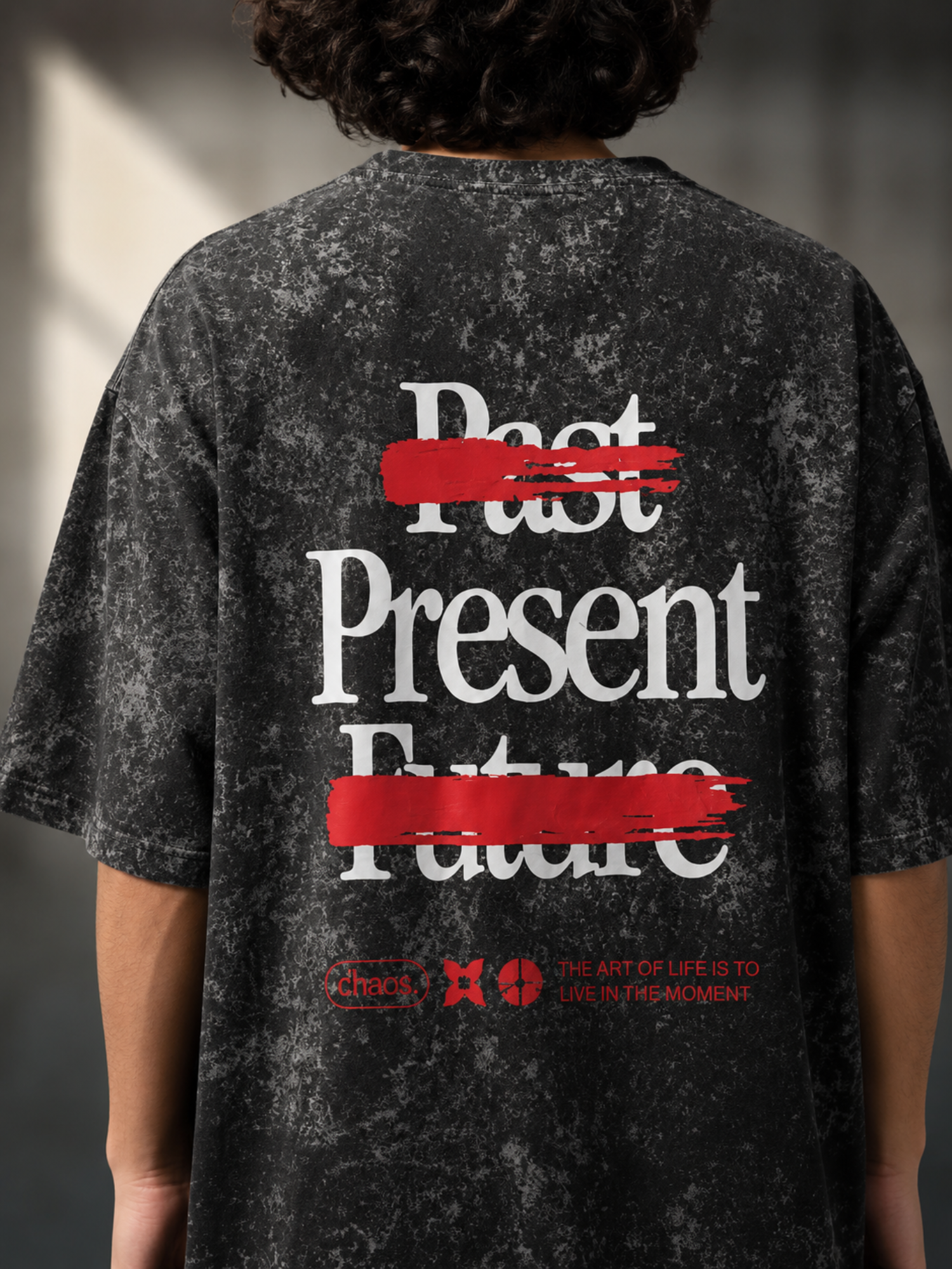 Men’s Oversized Acid Wash Graphic T-Shirt – Past Present Future Print
