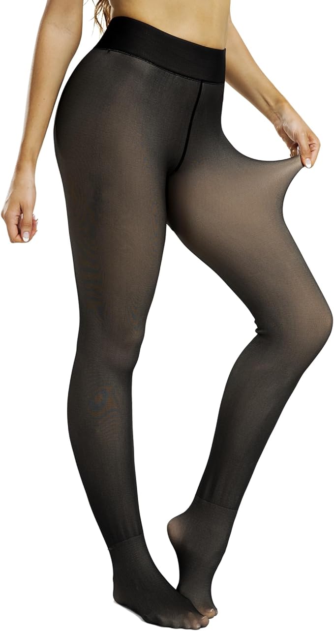 Women's Fleece Lined Winter Tights, High Waisted Thermal Leggings, Opaque Black, Stretch Fabric for Yoga, Running