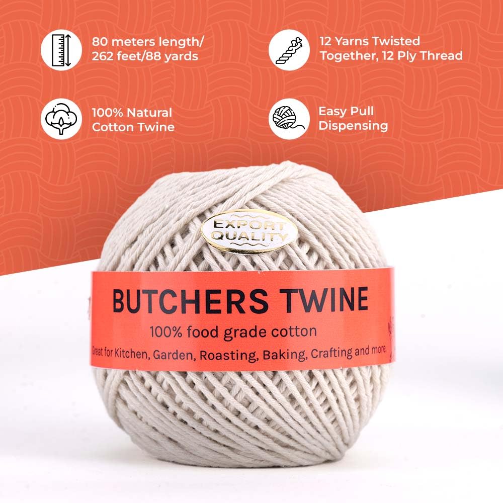 Butchers Twine 12 Ply Cotton Kitchen Twine for Roasting, Bakers, Cooking - Food Safe String|Meat, Sausage, Poultry Trussing - 2MM Thread - 80m