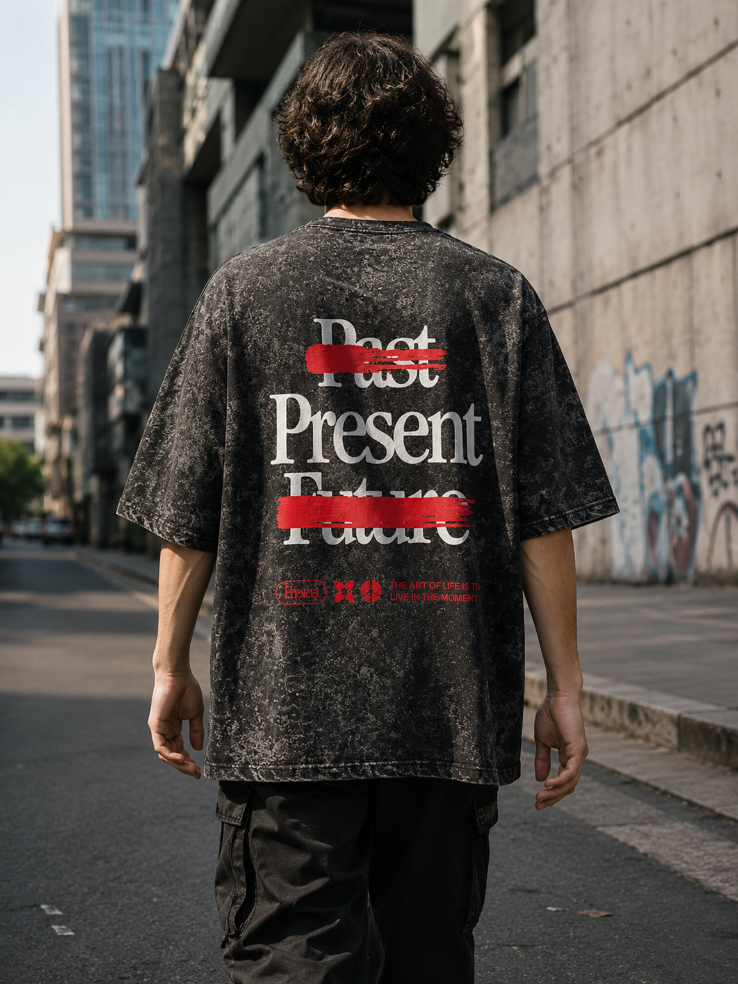 Men’s Oversized Acid Wash Graphic T-Shirt – Past Present Future Print