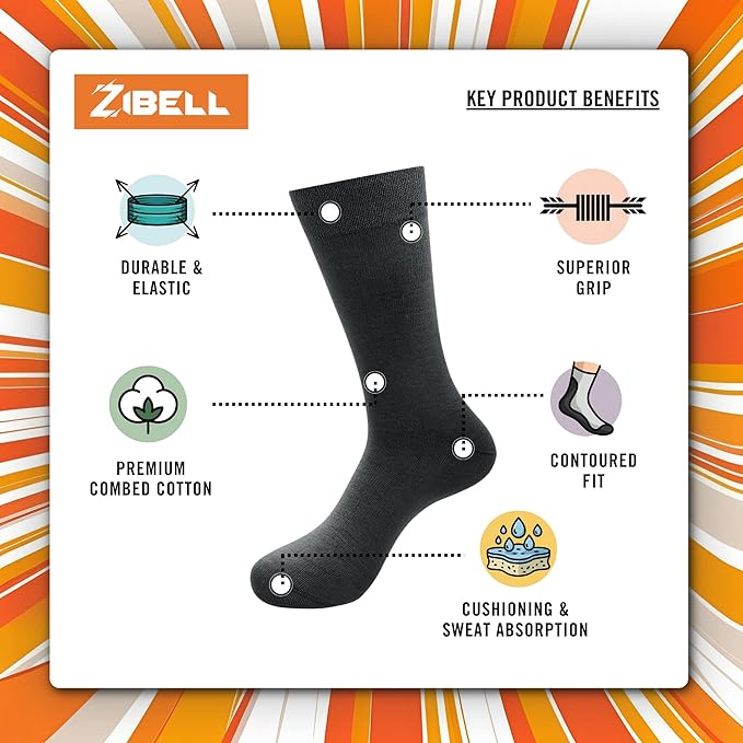 ZIBELL Bamboo Crew Socks for Men, Calf Length, Pack of 5, Breathable Comfort, Formal Socks, Full Length, Odour Free & Cushioned Base, Assorted Colours, Softer than Regular Socks