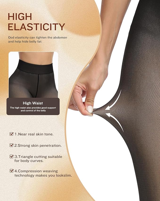 Women's Fleece Lined Winter Tights, High Waisted Thermal Leggings, Opaque Black, Stretch Fabric for Yoga, Running