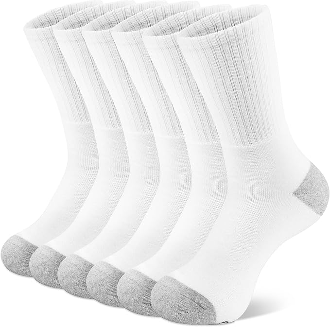 ZIBELL Men's Cushioned Cotton Crew Socks, White with Grey Heel, Pack of 6, Size 9-12