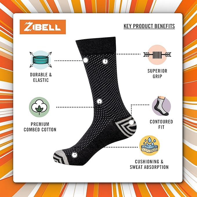 ZIBELL Crew Length Calf Socks for Men, Premium Combed Cotton, Set of 5, Seamless, Formal and Dress Socks
