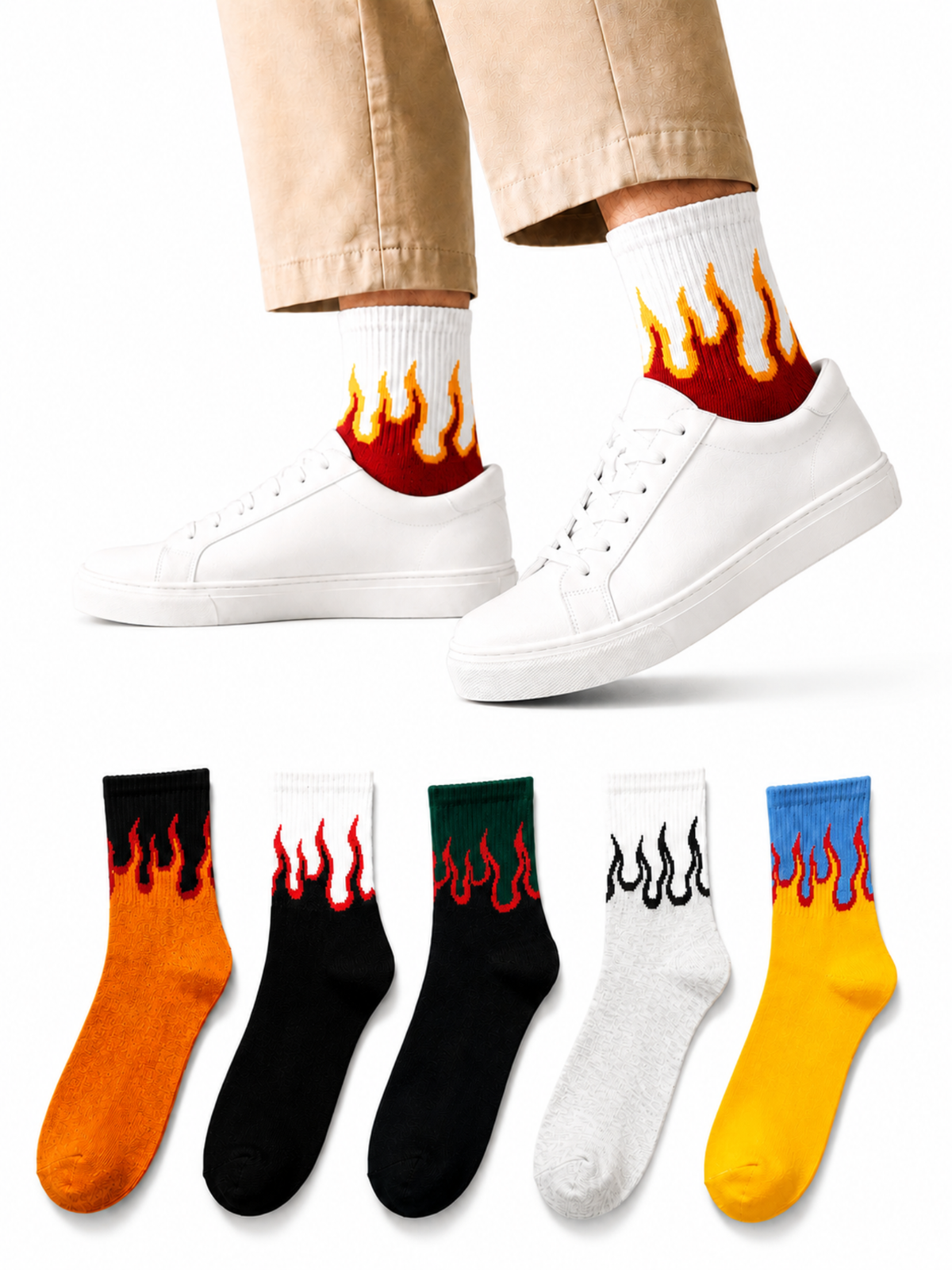 Men's Flame Crew Socks 6 Pack – Cotton Casual Streetwear Socks