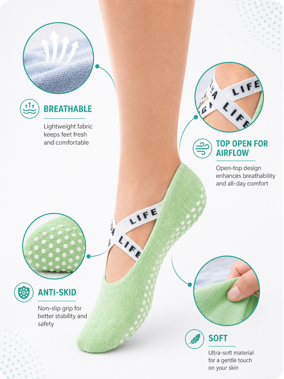 Women's Non-Slip Yoga Socks with Cross Elastic Straps & Grip Sole