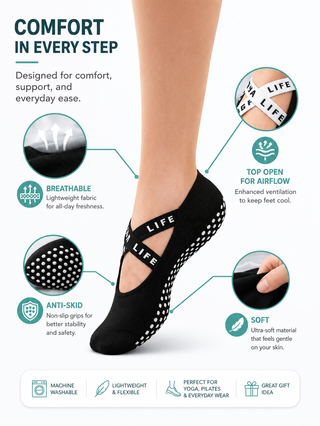 Women's Non-Skid Yoga Socks with Grip Sole for Pilates & Barre