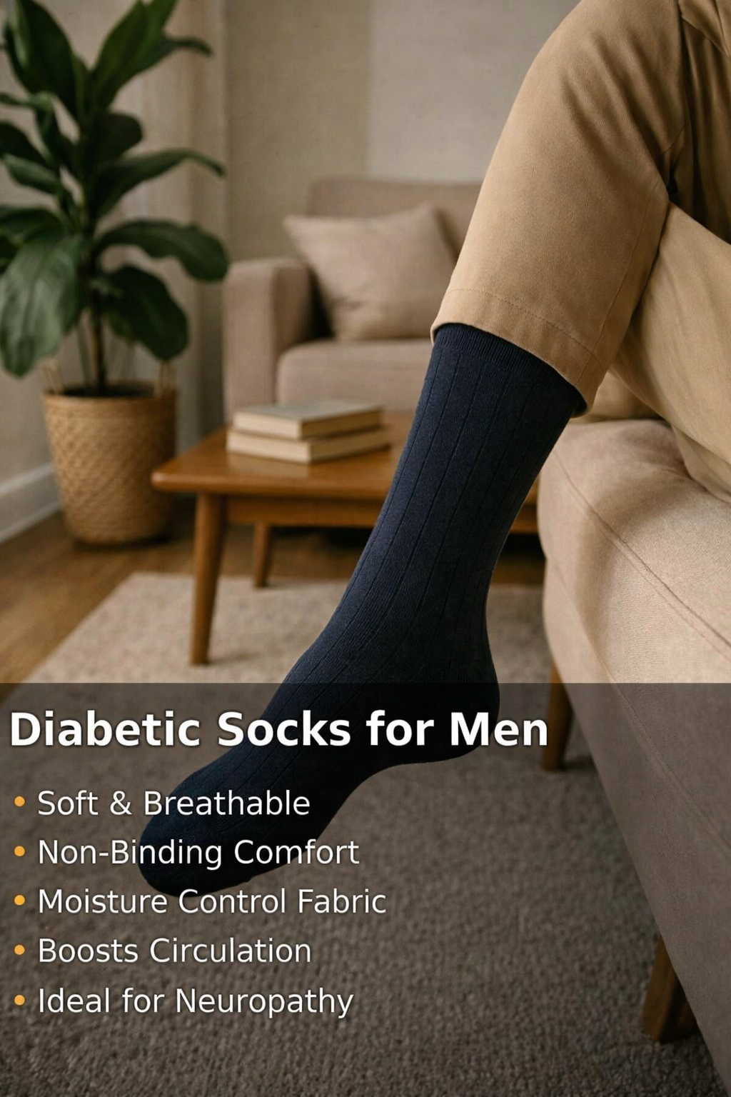 Pack of 5 Diabetic Crew Socks for Men – Non-Binding Seamless Comfort, Breathable Moisture-Wicking, 5-Pair Multi-Color Pack