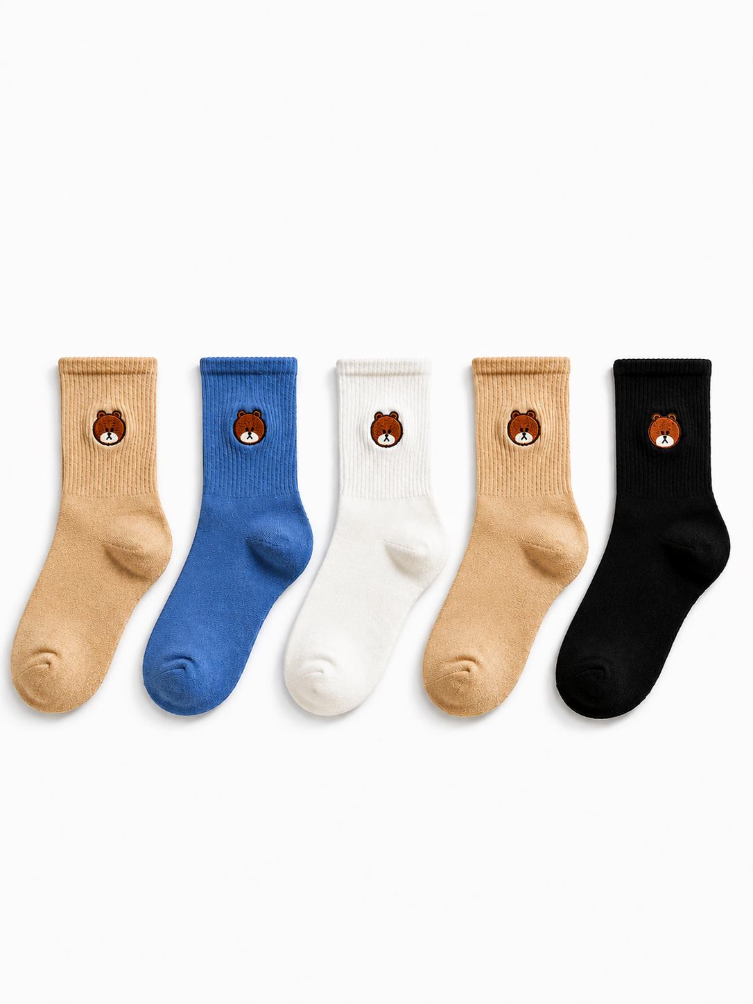Women's Cotton Crew Length Socks – Pack of 5 | Cute Bear Embroidered Socks | Soft Comfortable Casual Socks for Women