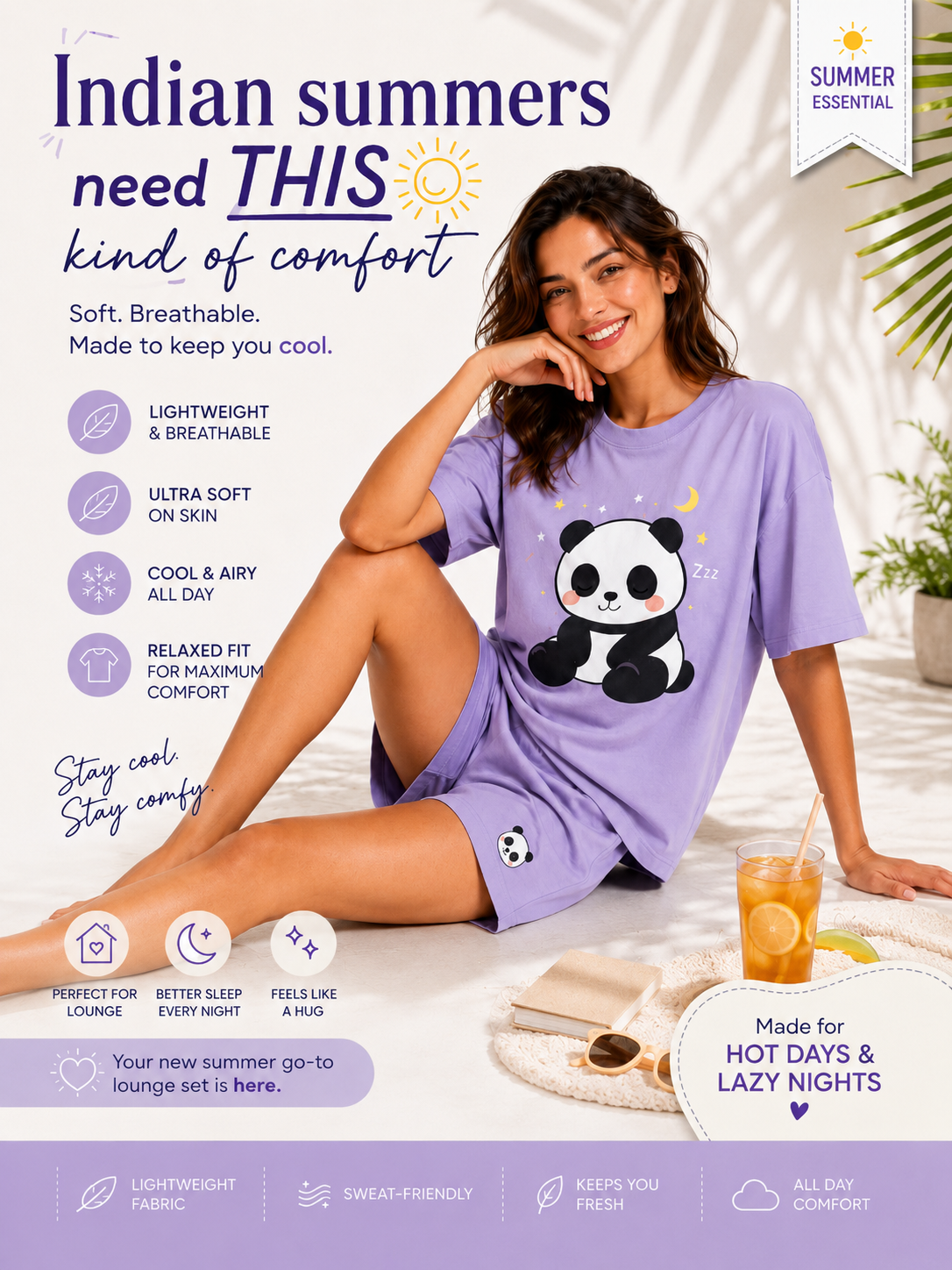 Women’s Lavender Cotton Co-ord Set – Cute Panda Print T-Shirt & Shorts | Soft Summer Lounge Wear