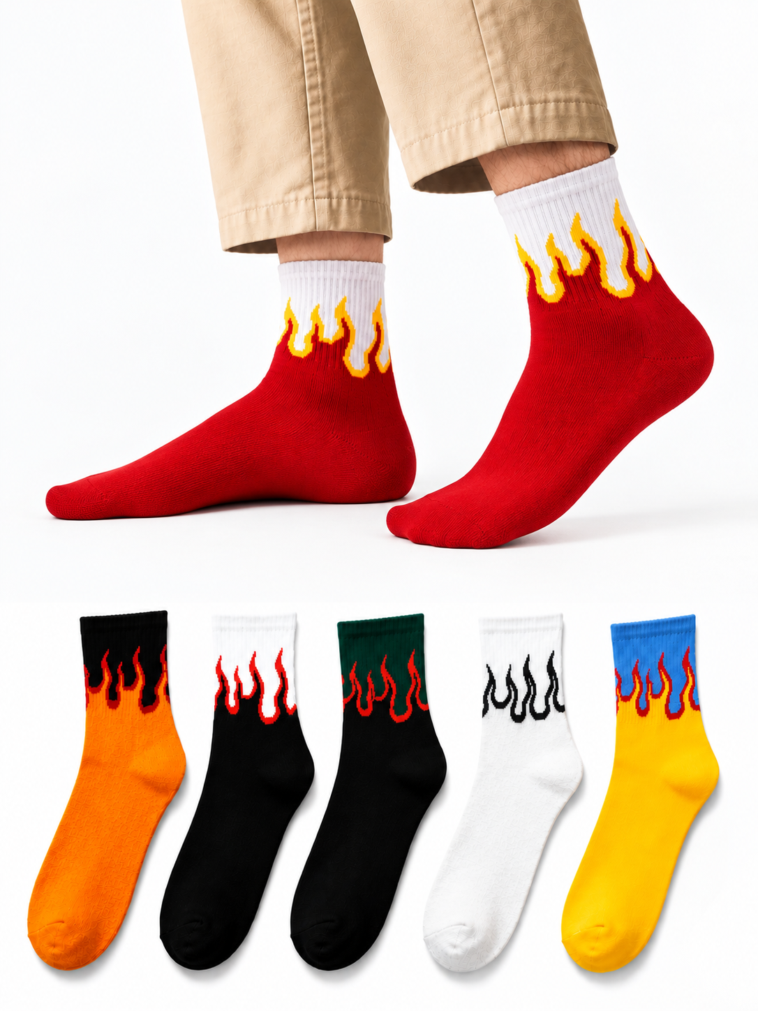 Men’s Flame Socks Pack of 6 – Stylish Cotton Blend Crew Socks | Trendy Casual, Fashion & Streetwear Socks